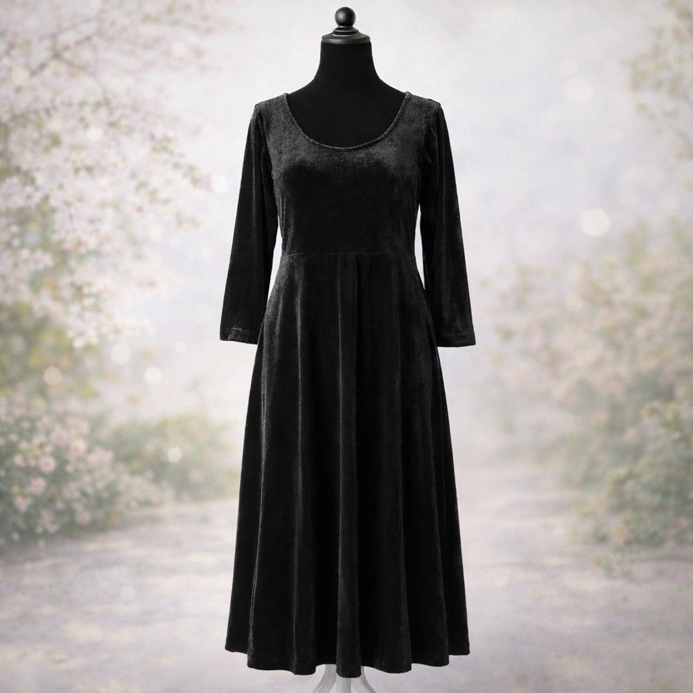 🖤 Lands' End Black Soft Velvet Midi‎ Dress Flowy Fit Women M Dark Romantic